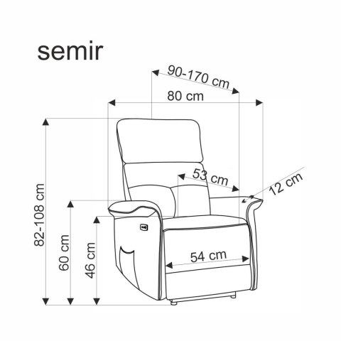 SEMIR fotel z funkcja elektrycznego rozkładania / gniazdo USB, popielaty